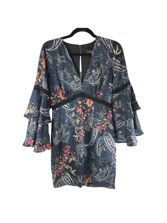 Alexia Admor Dresses & Skirts - Alexia Admor Mini Dress Bell Sleeve Ruffle Floral Paisley Keyhole Navy Blue 2